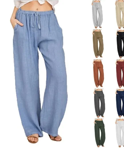 Women's Cotton Linen Pants Casual Loose Solid Elastic Waist Pocket Straight Trousers Ladies Oversize Wide Leg Pant Streetwear