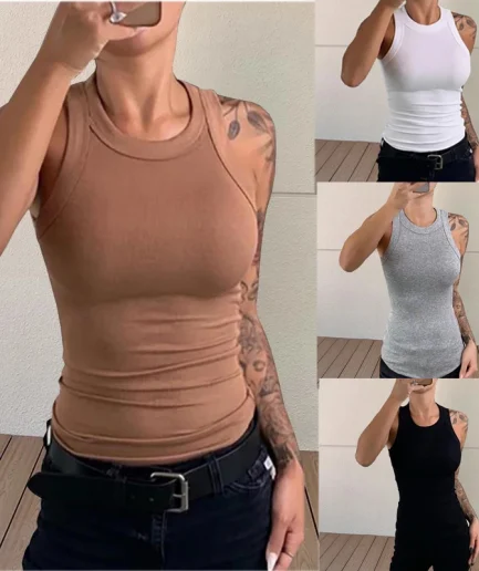 Women Solid O Neck Ribbed Tank Top Summer Basic Elastic Tank Shirts Camisole Chic Fashion Sleeveless Undershirt Pullover Tops