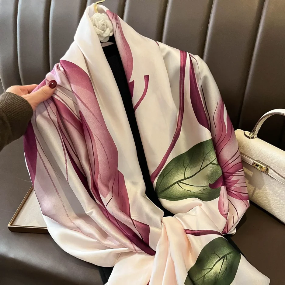 Fashion Print Large Shawl Wraps Silk Scarf Women Luxury Brand Satin Headband Hijab Bandana Turban Foulard Summer Beach Stoles