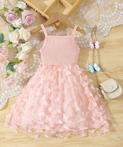 Summer Toddler Kids Girl's Clothes Baby's Butterfly Decor Mesh Splicing Cami Dress Elegant Sleeveless Princess Dress