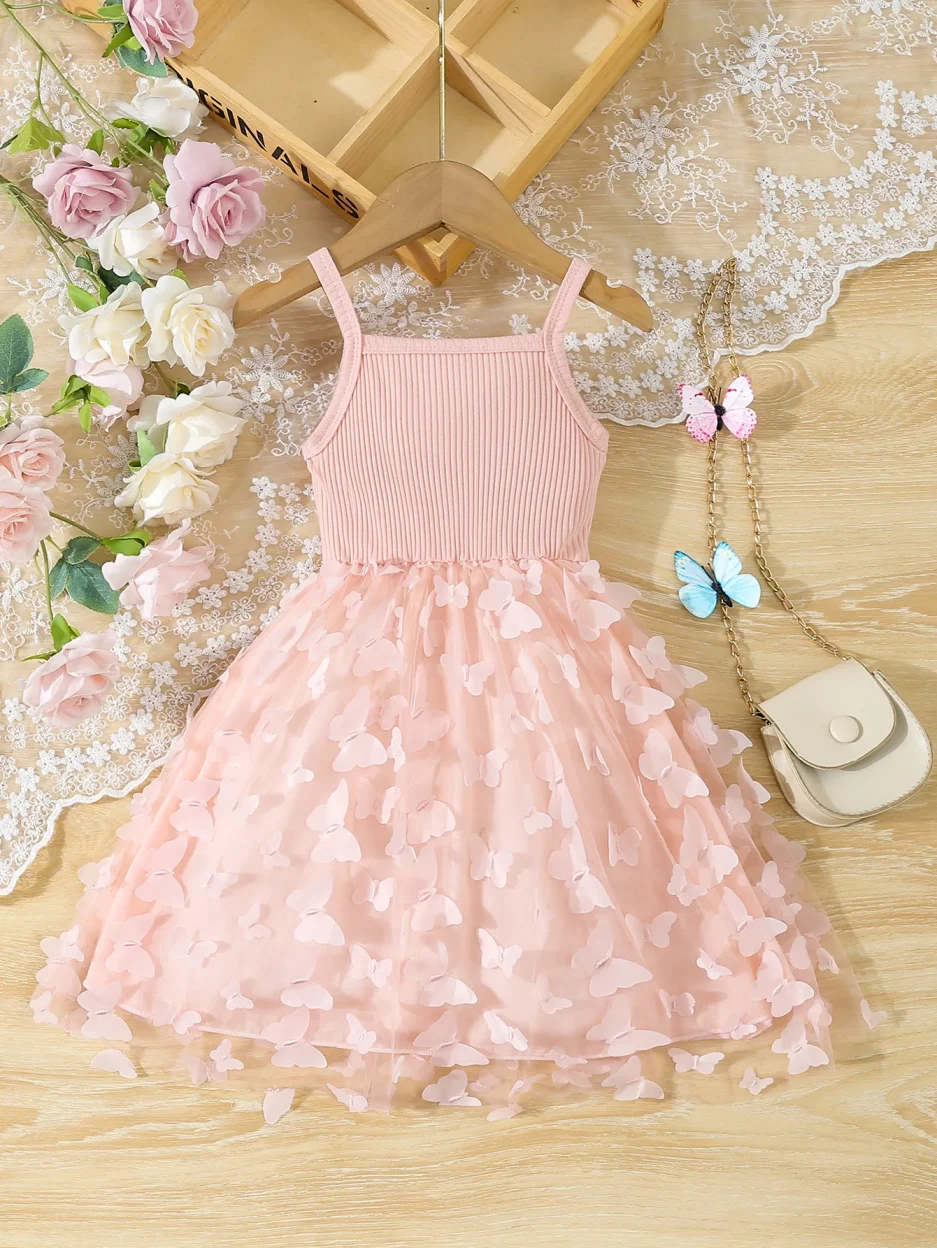 Summer Toddler Kids Girl's Clothes Baby's Butterfly Decor Mesh Splicing Cami Dress Elegant Sleeveless Princess Dress