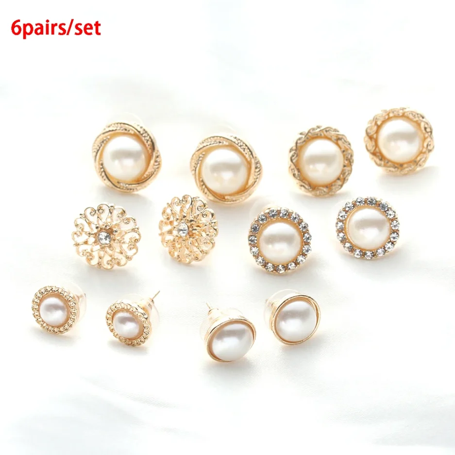 6 Pairs Fashion Crystal Rhinestones Flower Pearl Earrings Ear Stud Jewelry Zircon Pearl Crystal Rhinestones Nice Romantic Gift - Image 5
