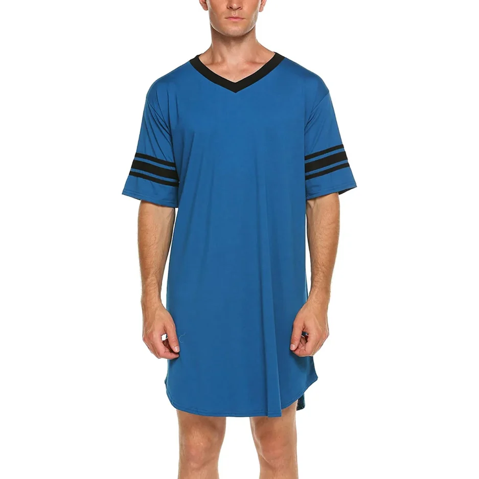Men Cotton Nightshirt Short Sleeve V-neck Soft Loose Nightwear Comfortable Men Sleepwear Male Homewear Sleepshirts - Image 3