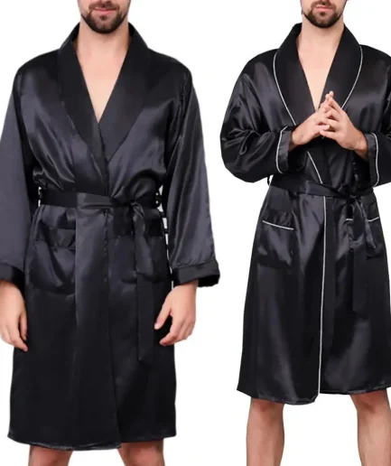 Summer Men Robe Imitation Silk with Pockets Waist Belt Bath Robe Home Gown Sleepwear