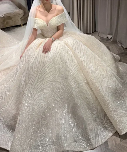 Cheap Wedding Dress Shiny Wedding Dress Classic Boat Neck Bridal Party Gown Vestido De Noiva Robe De Mariee Customized