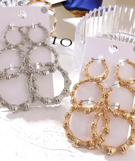 FNIO Statement Gold Color Big Bamboo Circle Hoop Earrings For Women Hip Hop Earrings set Classic Jewelry 3pcs/set