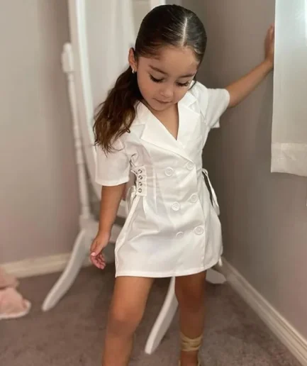 2-7Y Kids Girls Summer Dress Jacket Solid Color Short Sleeve Lapel Buttons Bandage Waist Blazer Dress Fashion Baby Clothes