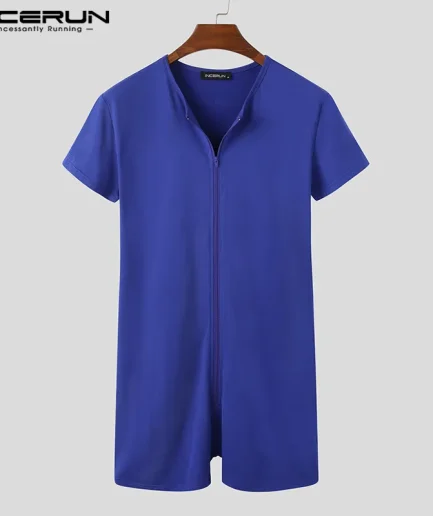 Men Pajamas Rompers Solid V Neck Zipper Fitness Short Sleeve Cozy Homewear Playsuits Leisure Men Jumpsuit Sleepwear INCERUN 7