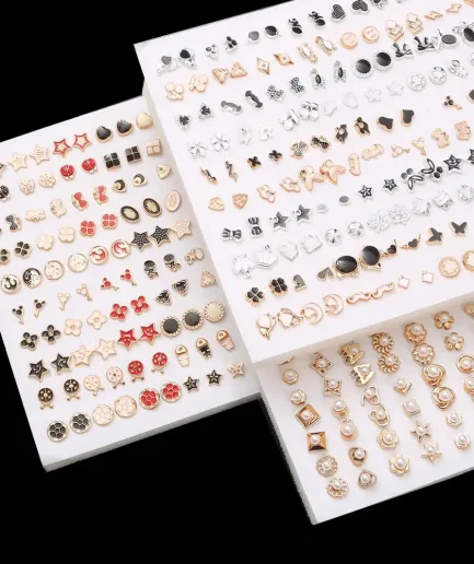 100Pair/Lot Mixed Rhinestone Alloy Flowers Moon Heart Lover Star Ear Stud Earrings Set Piercing Metal Lady Earring Sets Jewelry