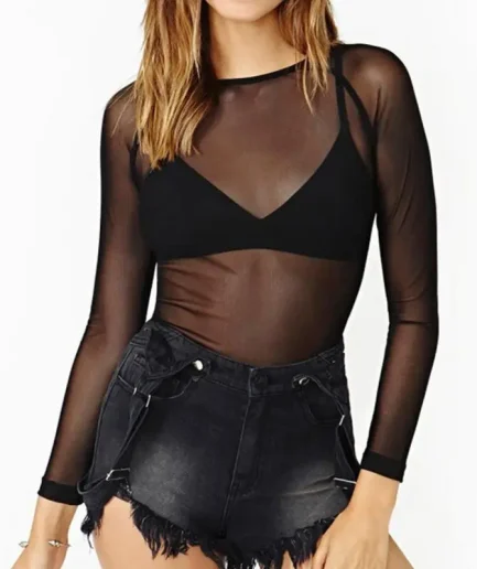 Hot New Spring Summer Womens Long Sleeve Sexy Black Mesh Top T Shirts Transparent Punk Club Streetwear Tees Beach Tops
