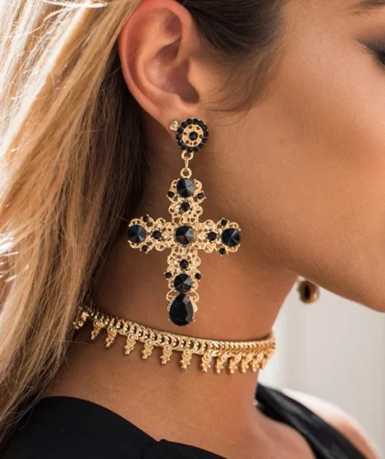 New Arrival Vintage Black Pink Crystal Cross Drop Earrings for Women Baroque Bohemian Large Long Earrings Jewelry Brincos 2023