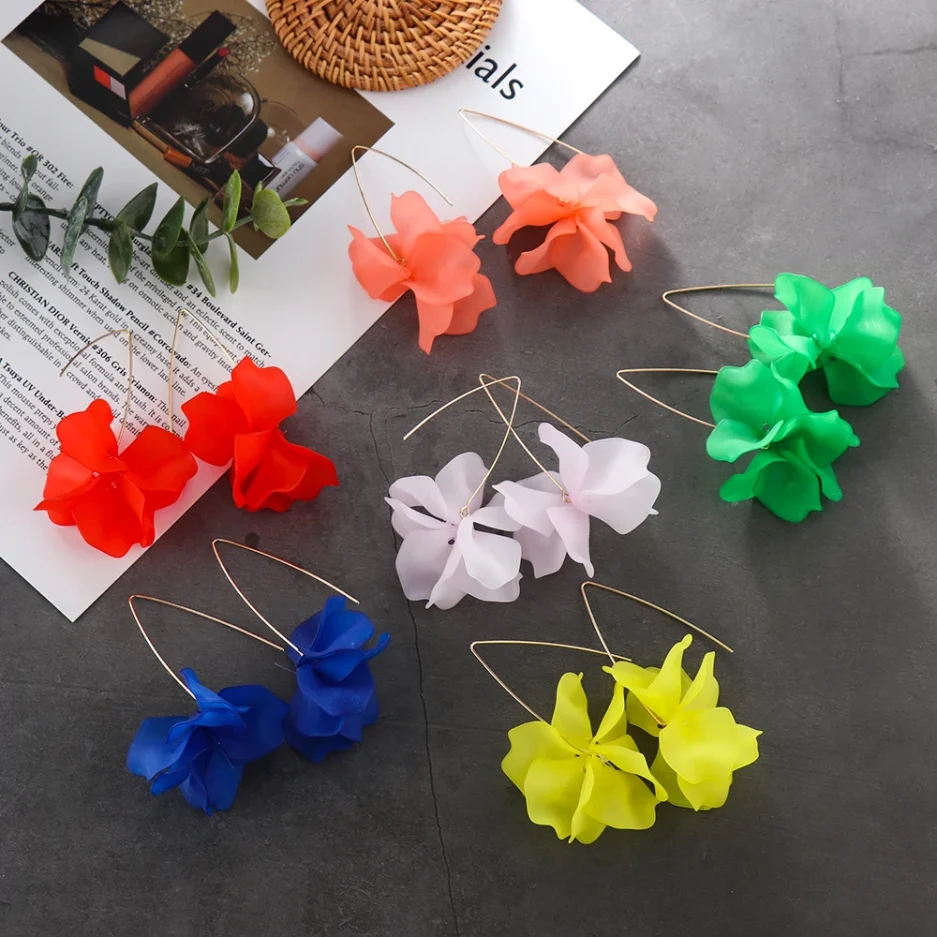 1Pair 2019 New Designs Multicolored Fashion Resin Flower Long Earrings Bohemia Handmade Petal Dangle Earrings For Women Gift - Image 3