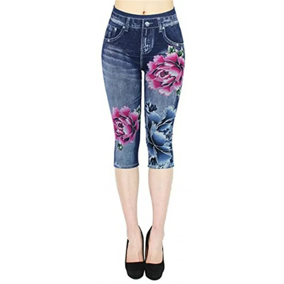 Women Plus Size Leggings Imitation Cropped Trousers 2025 New Mock Pocket Pants Slim Jeggings Denim Skinny