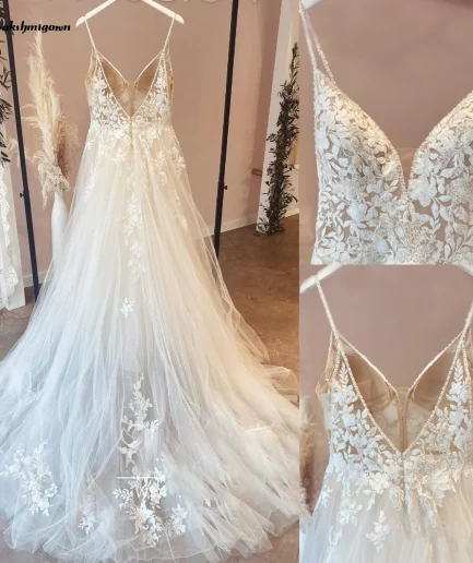 Spaghetti Straps Vintage Lace Wedding Dress With V Neckline Bride Dress Tulle Beach Bridal Gown trouwjurk Customized