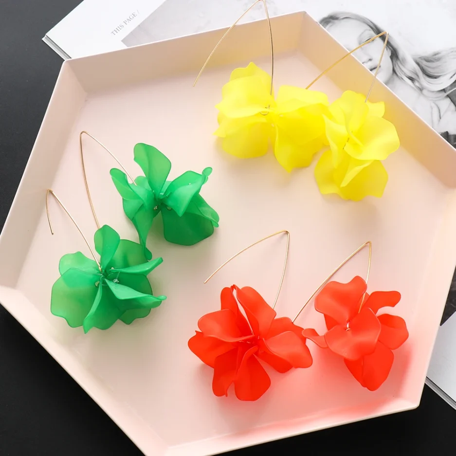 1Pair 2019 New Designs Multicolored Fashion Resin Flower Long Earrings Bohemia Handmade Petal Dangle Earrings For Women Gift - Image 4