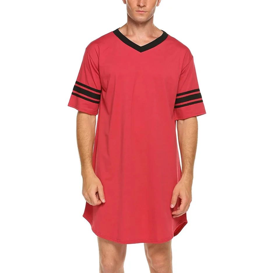 Men Cotton Nightshirt Short Sleeve V-neck Soft Loose Nightwear Comfortable Men Sleepwear Male Homewear Sleepshirts