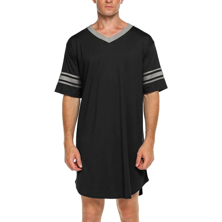Men Cotton Nightshirt Short Sleeve V-neck Soft Loose Nightwear Comfortable Men Sleepwear Male Homewear Sleepshirts - Image 4