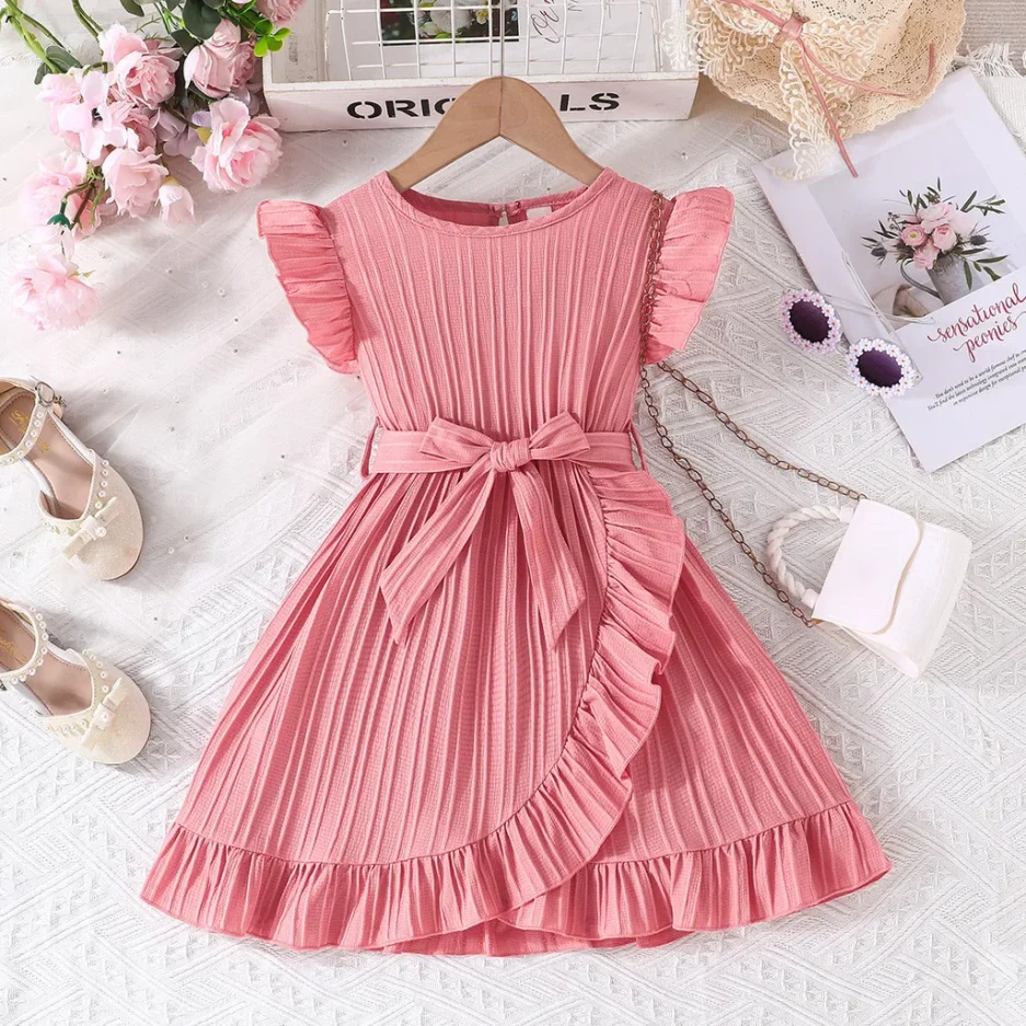 Summer Kids Dresses for Girls Ruffle Sleeve Birthday Party Clothes Solid Color Sweet Princess Dress Children Holiday Wear 3-8Yrs - Image 6
