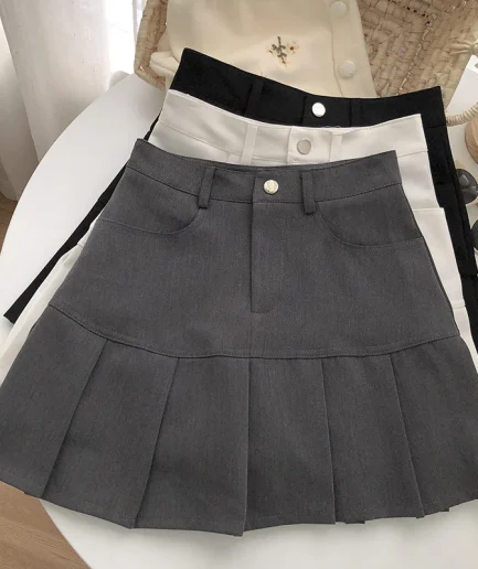 Y2K Vintage High Waist Pleated Skirt Women College Style Uniforms Safety Pants Mini Skirts Woman Korean Street Slim A-Line Skirt