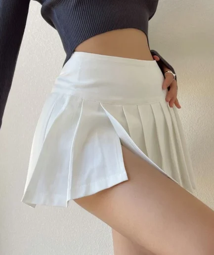 Fashion Slit Women Pleated Skirt Summer High Waist Sexy Mini Skirt White Jk Korean Girl Dance Skirt