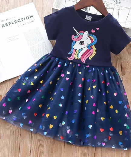 2024 Summer Baby Girls Cartoon Unicorn Dress Cotton Mesh Party Princess Dresses For 2-6 Years Children Kids Clothes