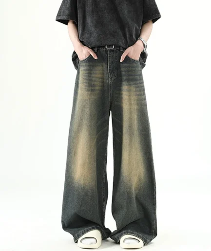 Men Denim Pants Old Blue Washed Male Jeans Straight Casual Menwear Loose Wide Leg Trousers New Fashion Korean High Street Denim