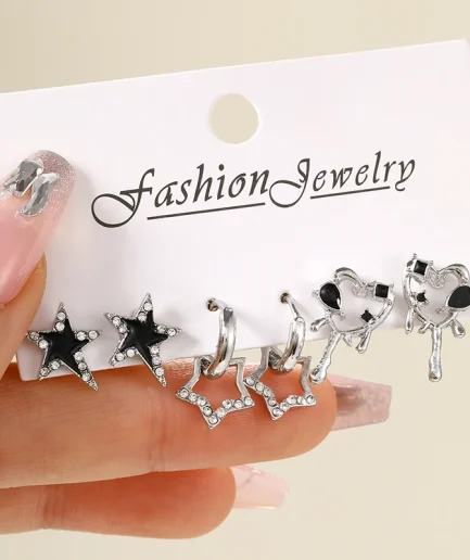 6pcs/Set Y2k Love Star Stud Earrings For Women Girl Vintage Irregular Zircon Bowknot Shiny Earrings Set Punk Trendy Jewelry Gift