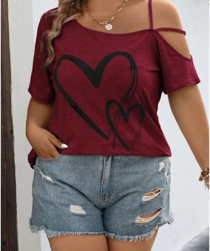 Plus Size 2025 Summer Women's Tops Slash Shoulder Backless Love Pattern Beach Seaside Polyester Material Pullover