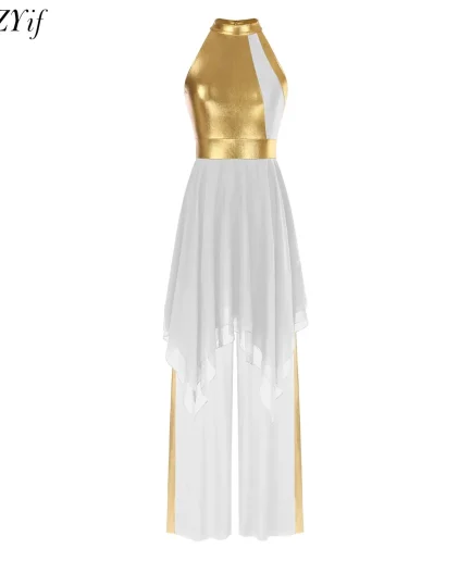 Women Color Block Modern Lyrical Dance Costume Sleeveless Dress with Loose Pants Set Waltz Ballroom Dance Competition Outfits