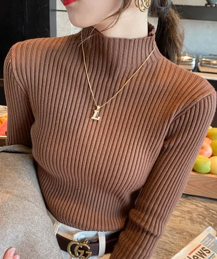 Elegant Solid Basic Knitted Tops Women Turtlneck Sweater Long Sleeve Casual Slim Pullover Korean Fashion Simple Chic Clothes