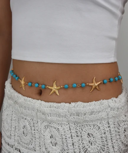 Bohemian Turquoise Starfish Waist Chain for Women Trendy Temperament Gold Color Belly Chain Summer Beach Bikini Body Jewelry New