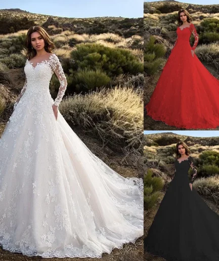 2024 New Women's Clothing Amazon Dress Long Sleeve Solid Color Lace New Bride Wedding Gown European American Style