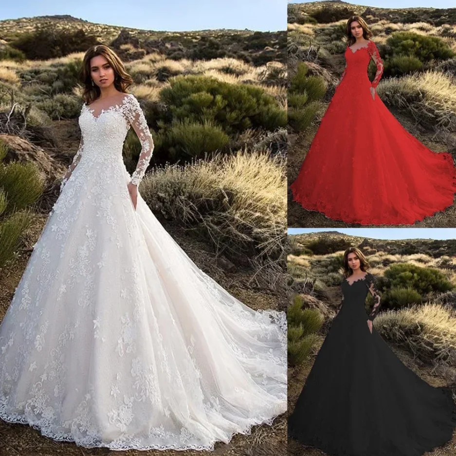 2024 New Women's Clothing Amazon Dress Long Sleeve Solid Color Lace New Bride Wedding Gown European American Style