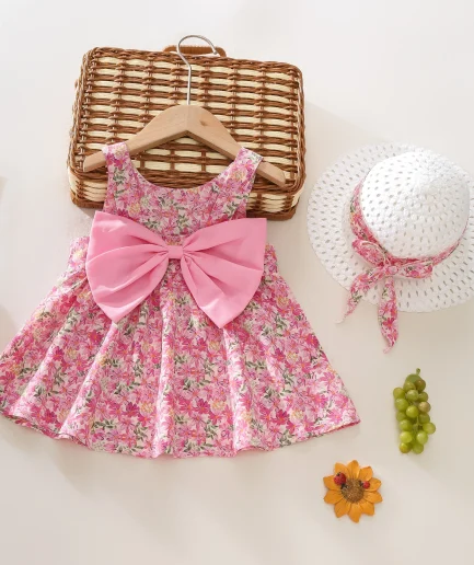 Summer 2-Piece Baby Dress+Sun Hat Bow Strap Floral Baby Girl Dress Soft And Comfortable Children'S Clothing