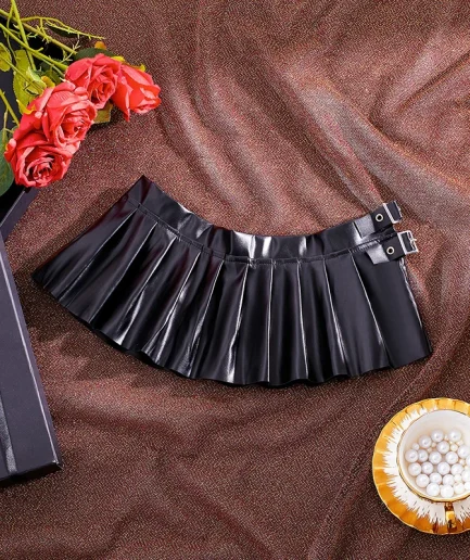 Sexy PU Leather Pleated Skirt Women Solid Basic Mini Skirt Low Waist Skirt Female Nightwear Micro Bikini Skirts Nightclub Skirts
