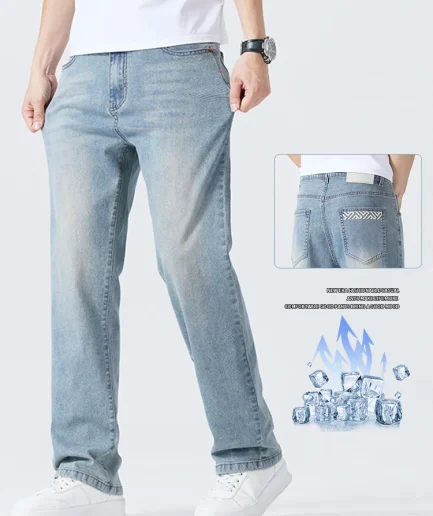 Summer Thin Men's Printed Jeans Breathable Fashion Business Loose Pants Washing Vintage Casual Denim Trousers Male
