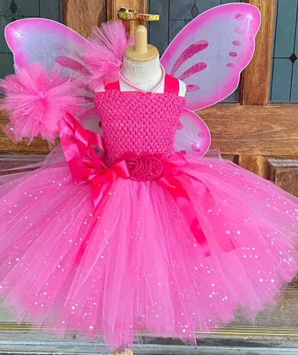 Girls Pink Glitter Tulle Dress Kids Butterfly Fairy Tutu Dresses with Wing and Stick Hairbow Children Halloween Cosplay Costume