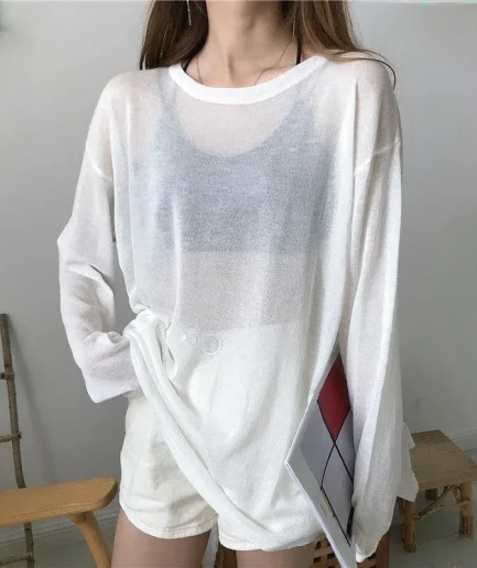 Sheer T-shirts Women Loose Korean Fashion Summer Sun-proof Leisure Clean Fit All-match Long Sleeve Breathable Lazy Ulzzang 2XL