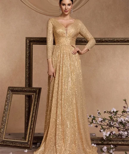 Lucyinlove Luxury V Neck Long Sleeves Blue Sequins Formal Evening Dress Women 2024 Wedding Party Prom Maxi Cocktail Dress Gowns