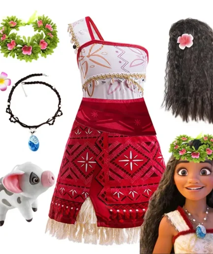 New Movie Moana 2 Dress for Girls Adventure Costume Girl Princess Fancy Clothes Children Vaiana Carnival Party Necklace Pig Set