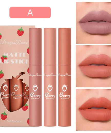 3 pcs Strawberry Lip Glaze Set Velvet Matte Liquid Lipstick Lipstick Non stick Cup