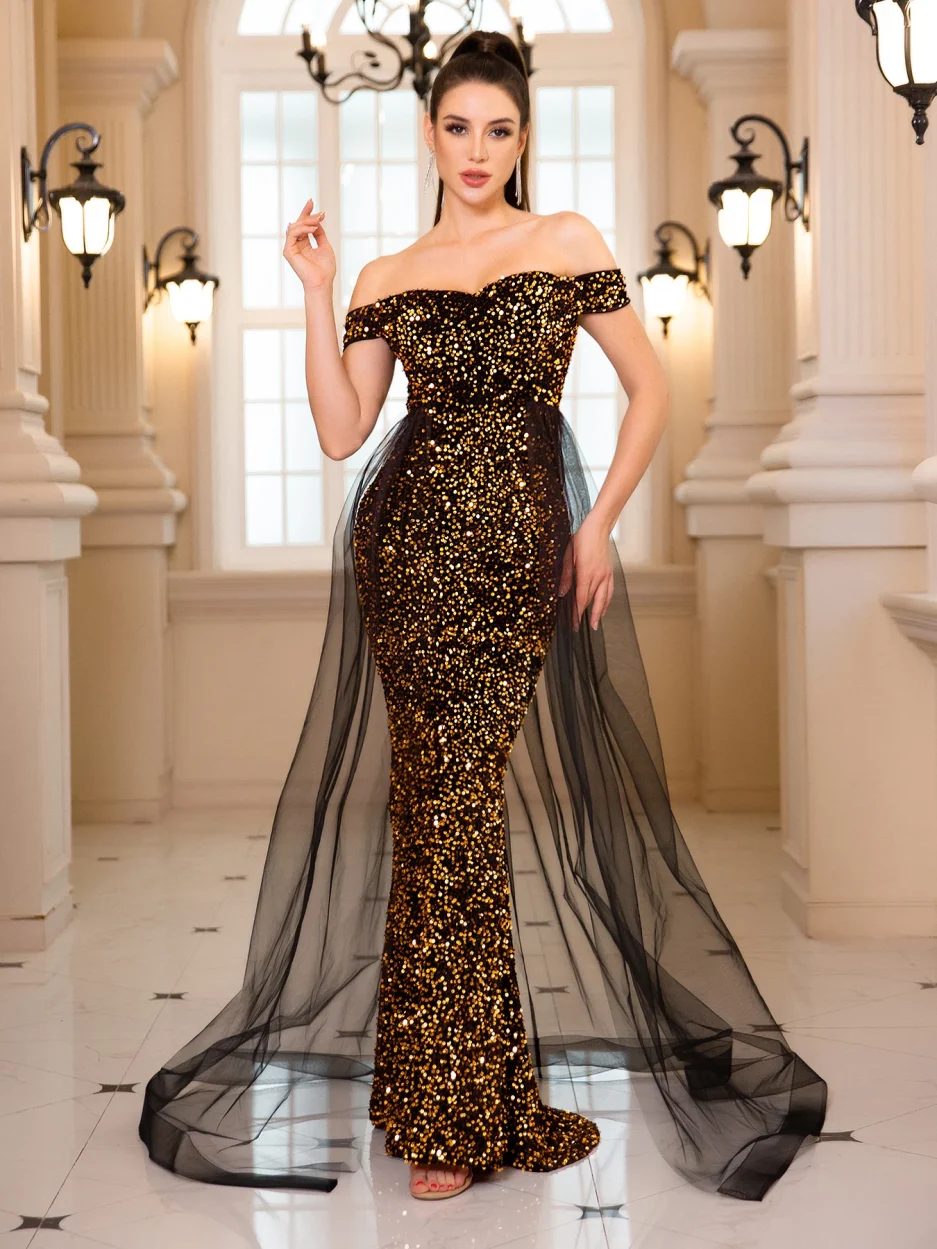 Sequined Evening Prom Dresses Ball Gown Mesh Skirt Hot Pink Black Gold Party Long Off Shoulder Sleeveless - Image 2