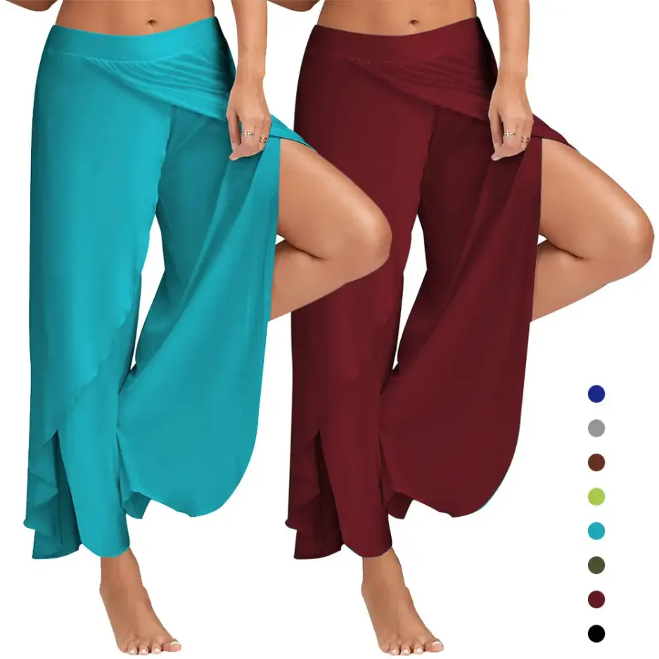 High Slit Haren Pants Breathable Women Sporting Yoga Pants Solid Color Loose Hippie Harem Wide Leg Pants Trousers Modern Dancing - Image 3