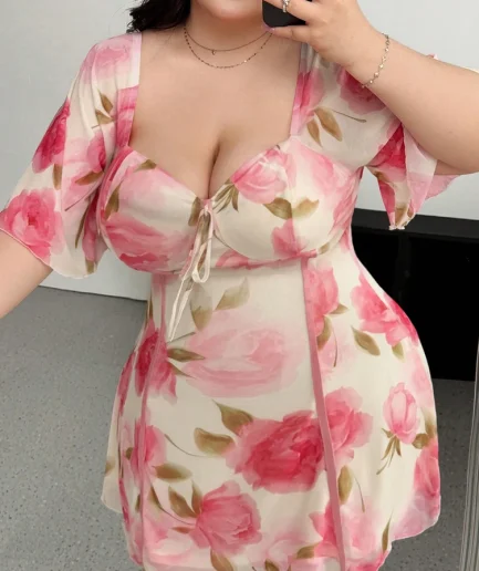 Plus Size Romantic Floral Pink Yellow Ruffle Sleeve Dress Short Sleeve V Neck Waistband Fitted Tiered
