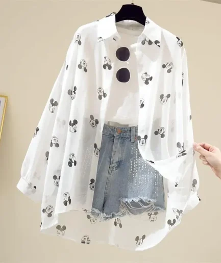 Mickey Mouse Blouse Ladies Long Sleeve Women Shirt Beach Shirts Kawaii Cartoon Summer Disney Clothes Cover-Up Top Casual