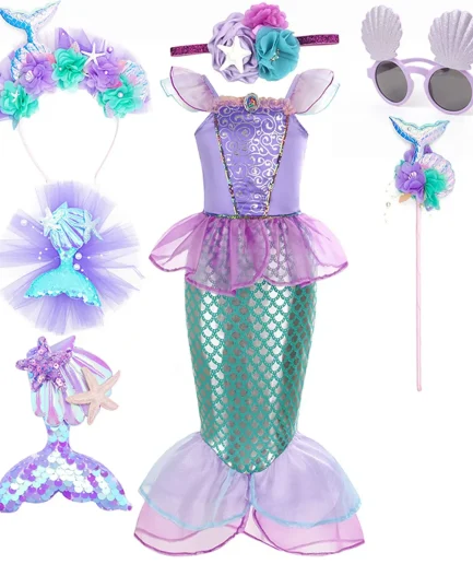 Disney Little Mermaid Ariel Princess Costume Summer Purple Dress For Girls Cosplay Mermaid Carnival Birthday Party Swimsuit Set