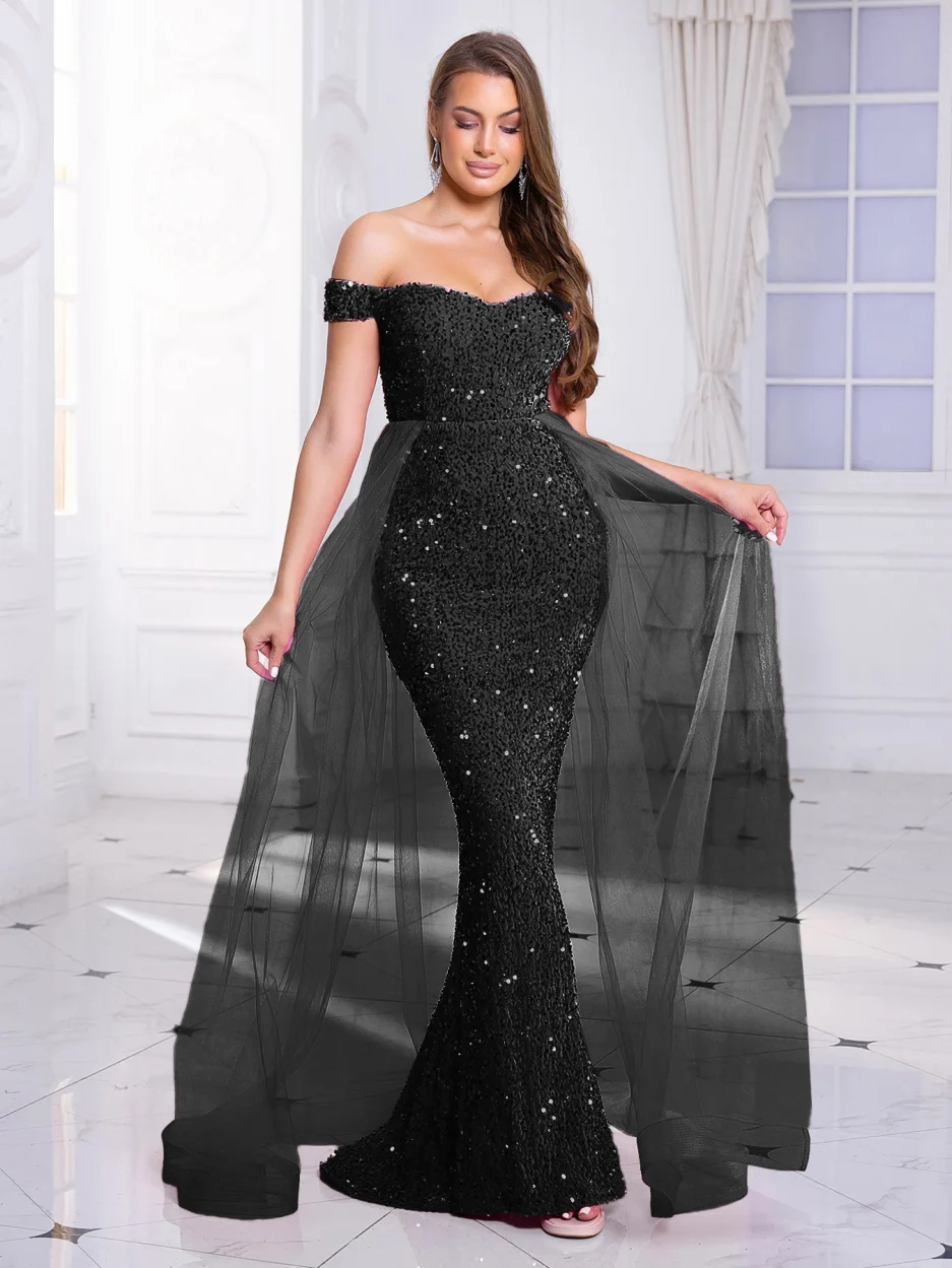 Sequined Evening Prom Dresses Ball Gown Mesh Skirt Hot Pink Black Gold Party Long Off Shoulder Sleeveless - Image 3