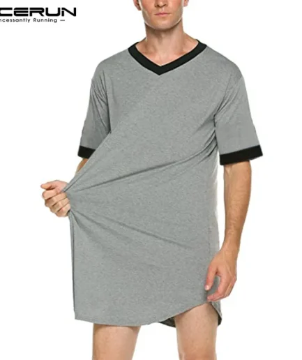 INCERUN New Men's Nightgown Fashion Patchwork Sleep Robe Solid Sleepwear Short Sleeve Bathrobe Loose V Neck Homewear S-5XL 2024