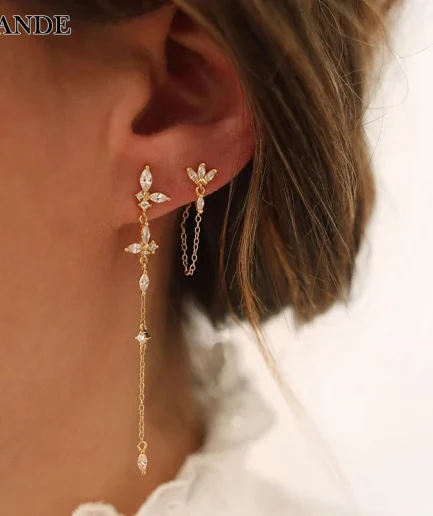 TIANDE Exquisite Zircon Tassel Chain Dangle Earrings for Women Fashion Gold Color Pierced Ear Stud Earrings Jewelry Accessories