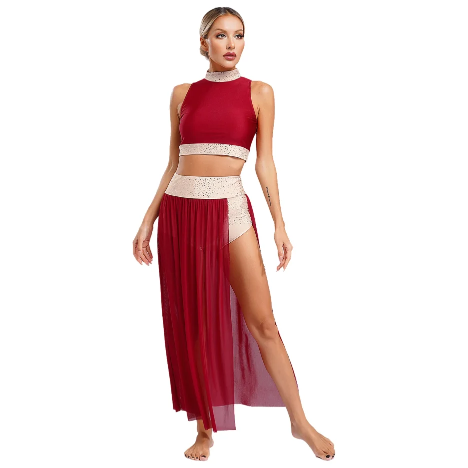 Modern Ballet Dance for Women Mesh Top Wide Leg Pants Skirt Attached 2 Piece Lyrical Outfits Ballerina Girls Stage Costume - Image 2